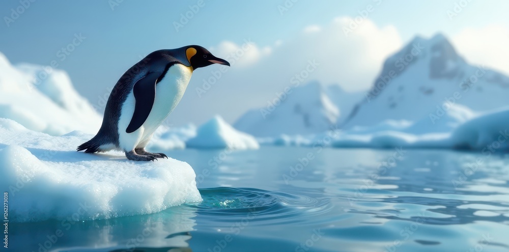 Obraz premium Gentoo penguin leaps from iceberg, plunging into icy Antarctic waters , nature photography, wildlife