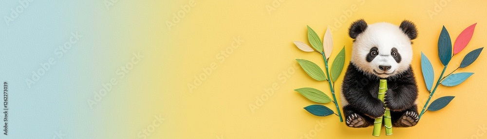 Fototapeta premium Vibrant panda painting bamboo in a playful rainbow environment illustration