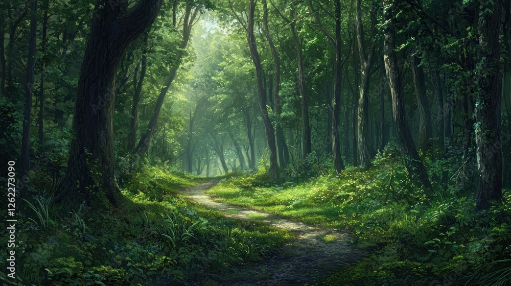Fototapeta premium Enchanted Forest Path: A Serene Journey Through Lush Green Woods