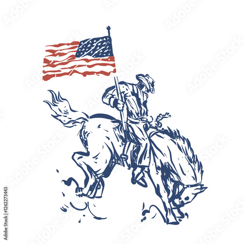 Patriotic Cowboy Riding Bucking Horse Vector Illustration