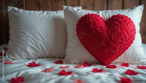 Red shaped heart pillows on a bed in a cozy bedroom with stylish decor and comfortable furniture photo