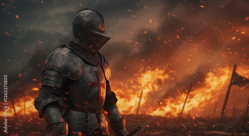 A knight in armor walks through blazing flames on a battlefield at sunset A knight in armor walks through blazing flames on a battlefield at sunset