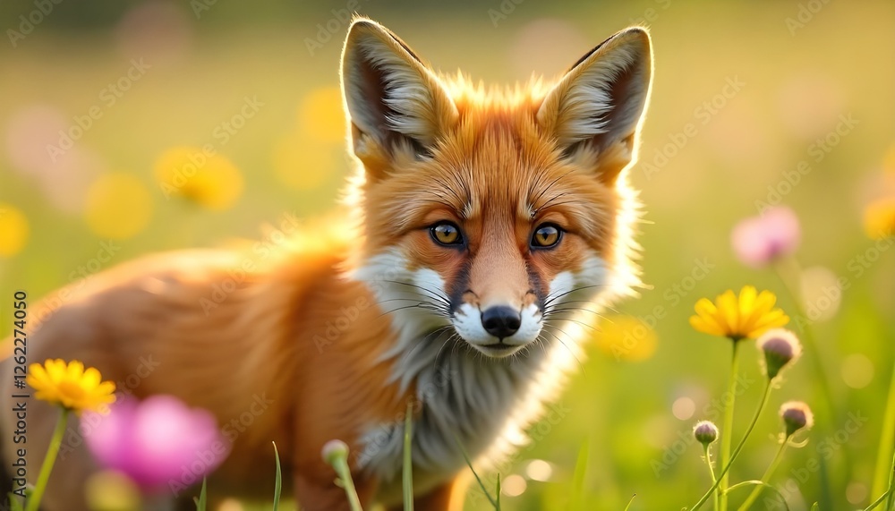 Close up of a wild fox, bright orange fur, bushy tail, whiskers detailed, in a sunlit wildflower field Close up of a wild fox, bright orange fur, bushy tail, whiskers detailed, in a sunlit wildflower field