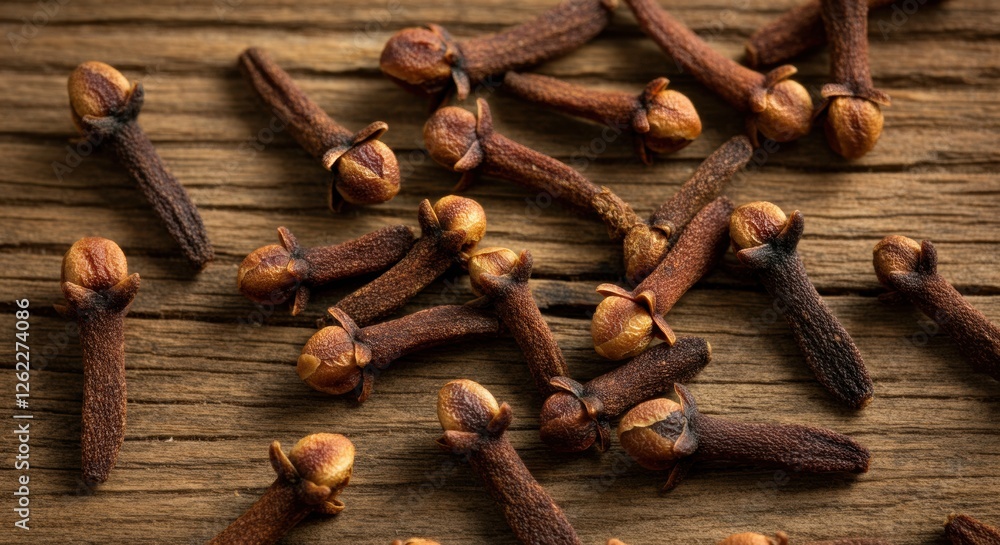 Close-up of aromatic cloves scattered on a rustic wooden surface Close-up of aromatic cloves scattered on a rustic wooden surface