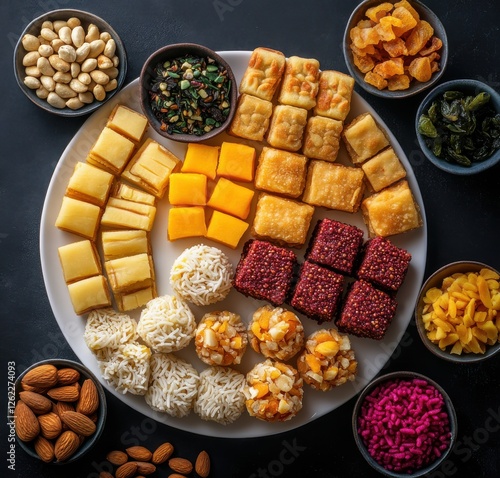 Assorted Indian Sweets and Savories on a White Plate Surrounded by Colorful Bowls of Dried Fruits and Nuts for Festive Celebrations photo