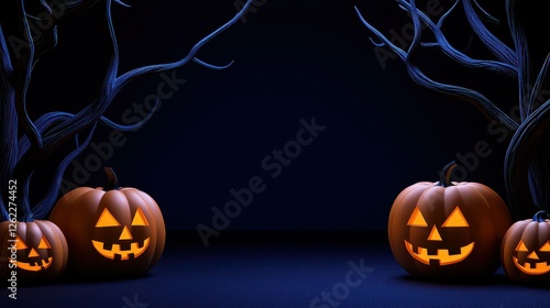 Spooky Halloween Night with Pumpkins and Trees Scene photo