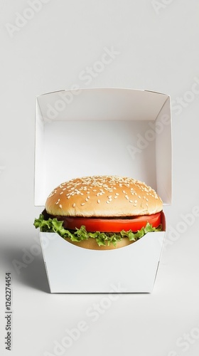 A delectable burger in a pristine white box. Perfect for a quick and tasty meal. photo