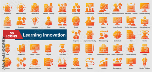 Learning Innovation collection set. Adaptation, Personalization, Gamification, Blended Learning, Experience, Collaborative, Online Counseling, Interactive Learning, Creativity, Innovation, Ebook, Stud