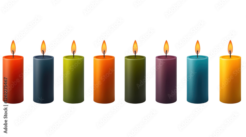 A set of vibrant, multicolored candles burning in a row, symbolizing warmth, celebration, relaxation, and spirituality. The glowing flames create a peaceful ambiance, perfect for meditation. A set of vibrant, multicolored candles burning in a row, symbolizing warmth, celebration, relaxation, and spirituality. The glowing flames create a peaceful ambiance, perfect for meditation.