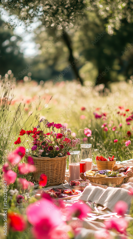 Naklejka premium A romantic picnic setup in a meadow filled with vibrant red and pink flowers, with eco-friendly baskets and biodegradable cutlery