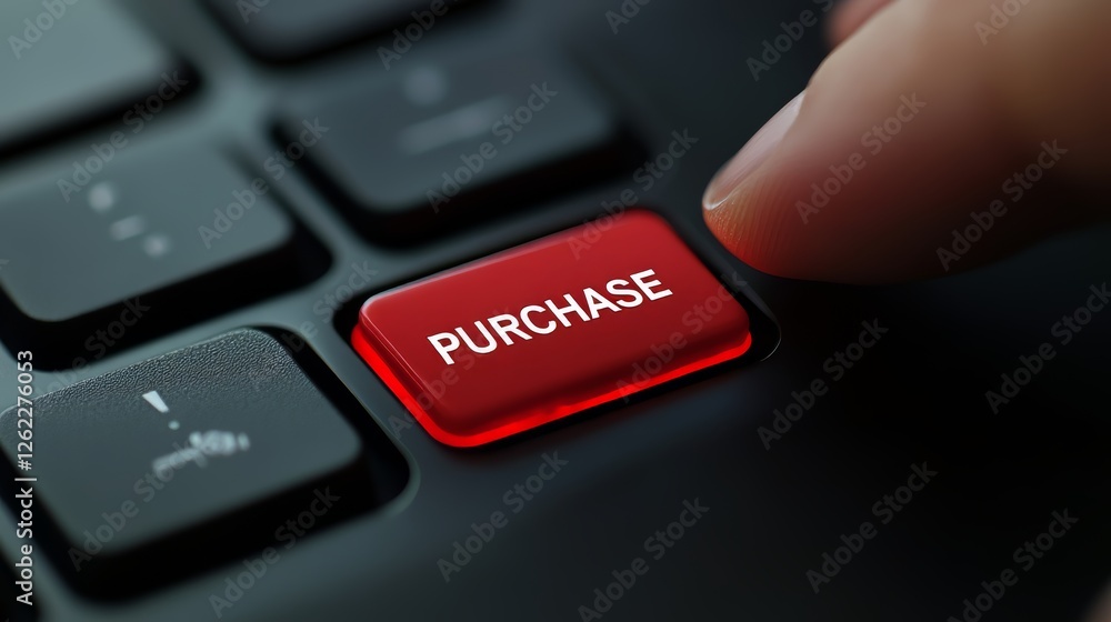 Close-up of Finger Pressing Red Purchase Button on Keyboard in Digital Environment Close-up of Finger Pressing Red Purchase Button on Keyboard in Digital Environment