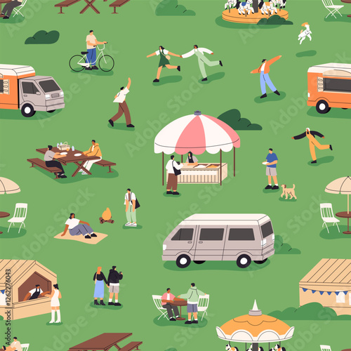 Repeatable pattern of people relaxing in amusement park at festival. Summer event outdoors on endless background. Funfair at nature with food trucks, stalls, picnic. Flat seamless vector illustration
