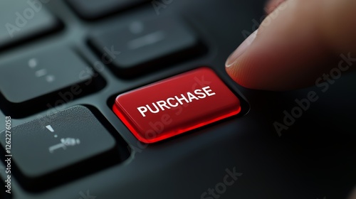 Close-up of Finger Pressing Red Purchase Button on Keyboard in Digital Environment
