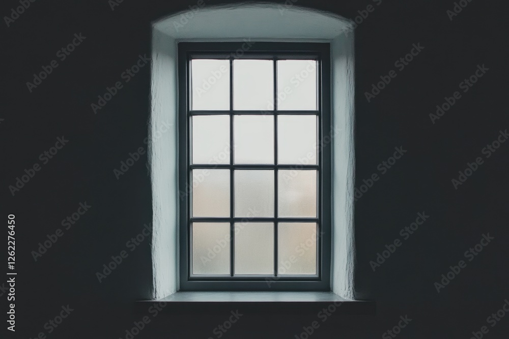 A paneled window is set in a dark concrete wall A paneled window is set in a dark concrete wall