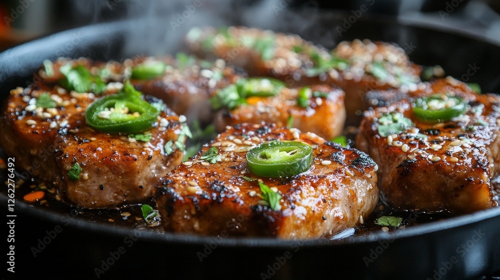 Sizzling pork chops garnished with herbs and jalapeños in a skillet. Sizzling pork chops garnished with herbs and jalapeños in a skillet.