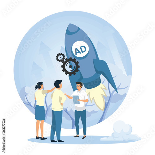 Launch Advertising concept. Marketers celebrate the kickoff of a dynamic ad campaign.