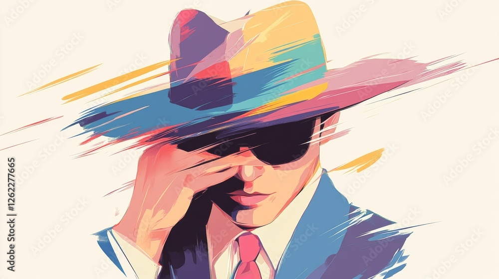 Anonymous or invisible man in a suit and in a fedora hat. Flat style colorful vector concept illustration icon on light blue background. Anonymous or invisible man in a suit and in a fedora hat. Flat style colorful vector concept illustration icon on light blue background.