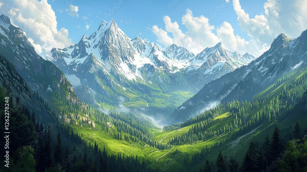 Obraz premium Majestic Alpine Vista: A Breathtaking Panorama of Snow-Capped Peaks and Verdant Valleys