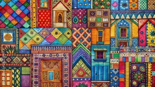 Eclectic Patchwork Architectural Textile Design Sketch - Right-Aligned with Copy Space