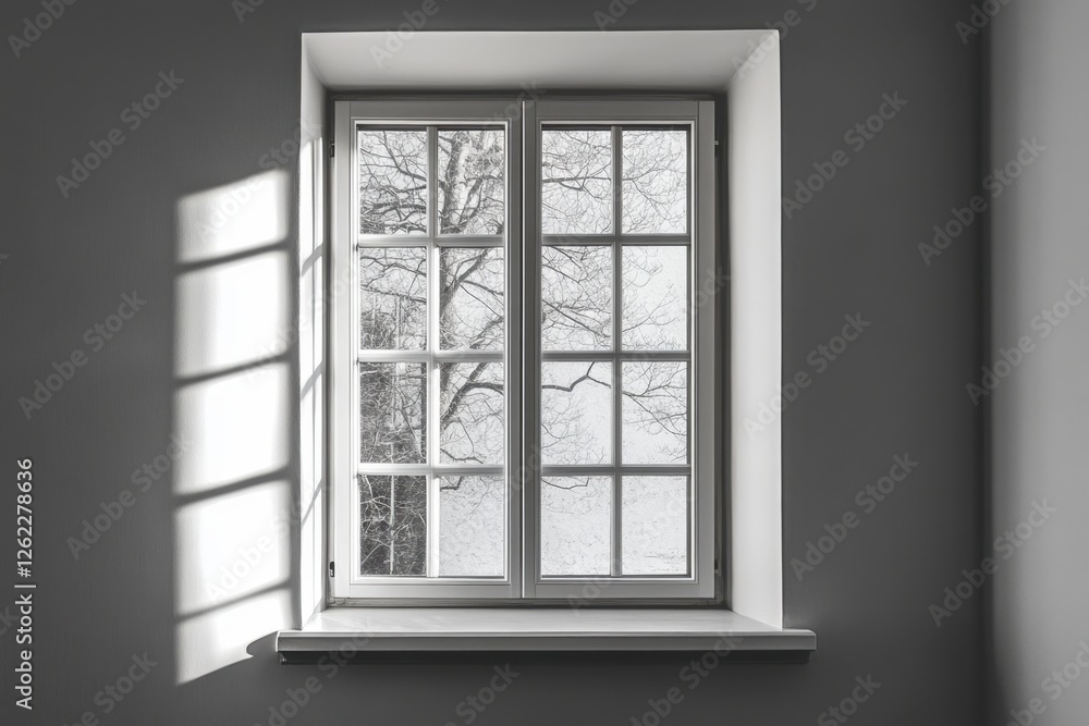 Fototapeta premium White framed window with view of winter trees outside