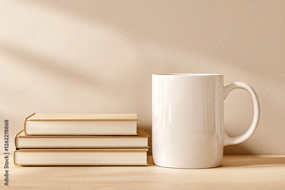 Minimalist mockup of a white mug placed next to a stack of books on a light wooden surface Minimalist mockup of a white mug placed next to a stack of books on a light wooden surface
