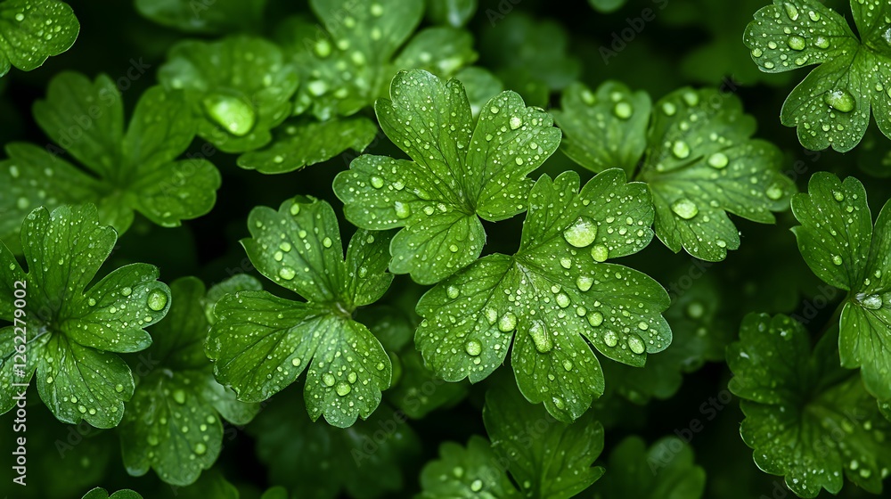 Emerald foliage shimmering with dewdrops in an enchanting botanical view Emerald foliage shimmering with dewdrops in an enchanting botanical view