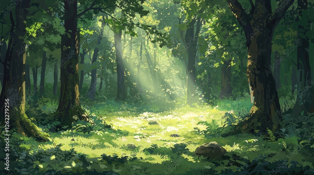 Obraz premium Sunlit Forest Enchantment: A Digital Painting of Serene Woodland