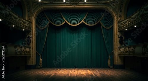 Green velvet curtains draped elegantly in an historic theatre