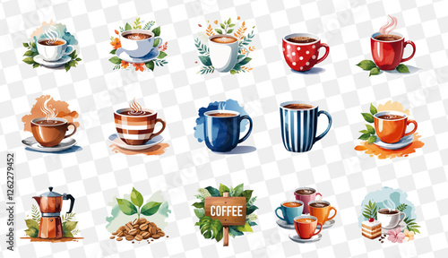 水彩画風のコーヒーカップ・カフェセット　AI　ベクター
