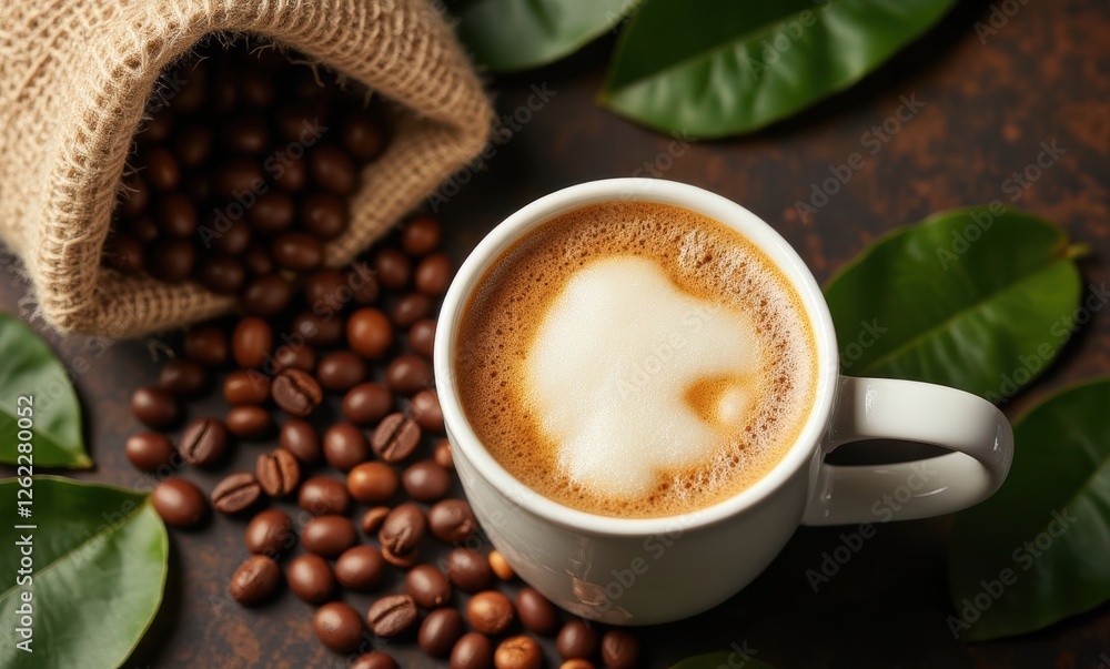 Coffee cup surrounded by coffee beans Coffee cup surrounded by coffee beans