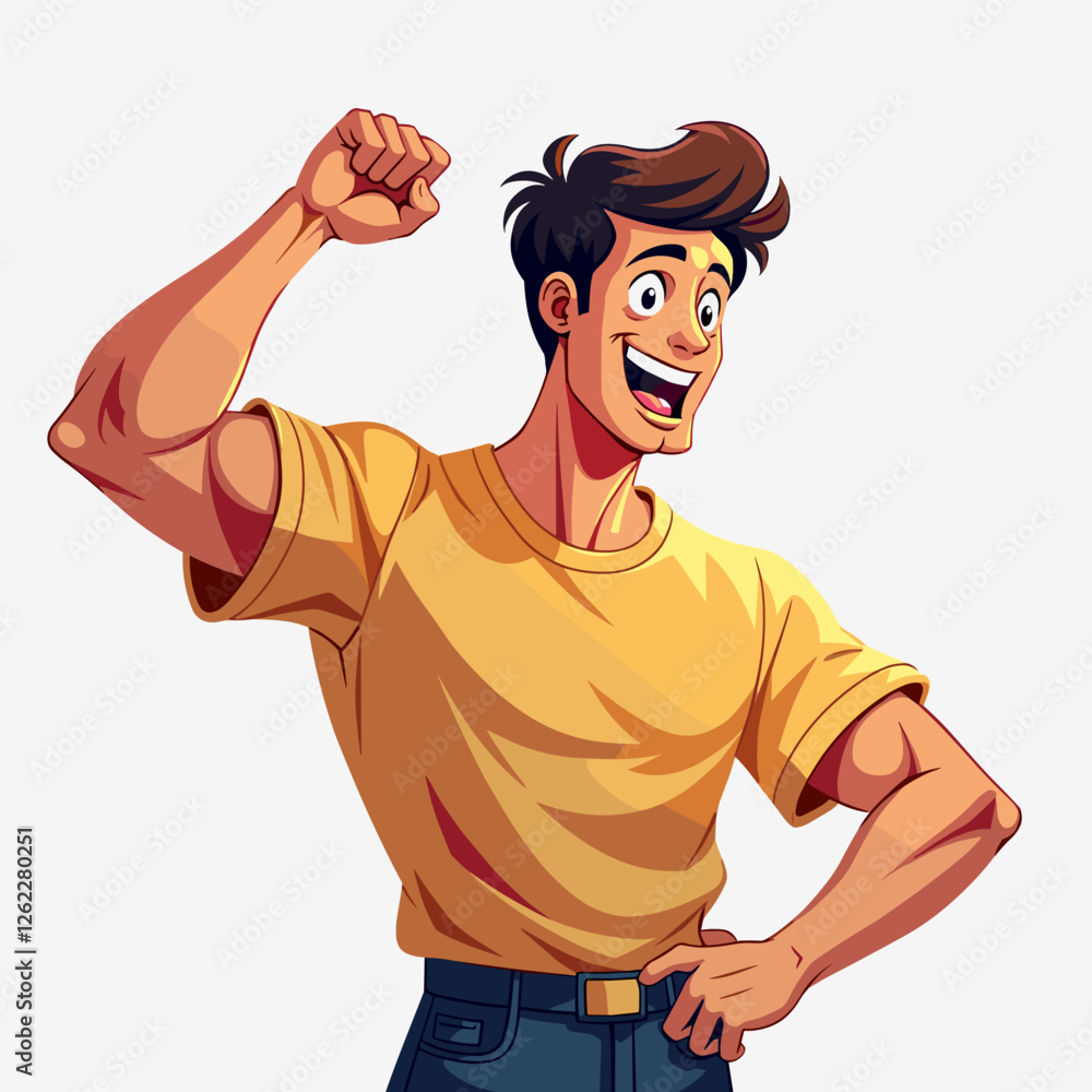 Happy young man celebrating in a vibrant cartoon style, achievement Happy young man celebrating in a vibrant cartoon style, achievement