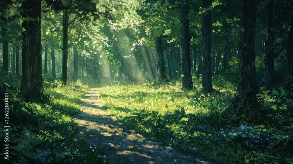 Obraz premium Sunlit Forest Path: A Digital Painting of Tranquility