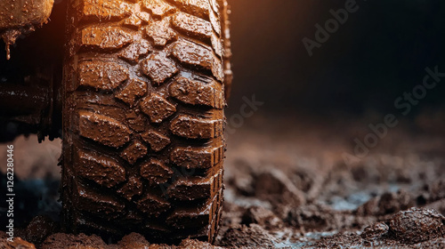 Cool and Masculine Tire Theme, close up of rugged off road tire covered in mud, showcasing deep treads photo