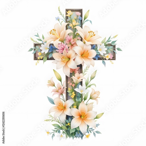 A beautiful watercolor painting of a wooden cross with vibrant flowers surrounding it, white background