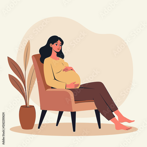Pregnant woman resting on chair in soft pastel colors, serene aesthetics