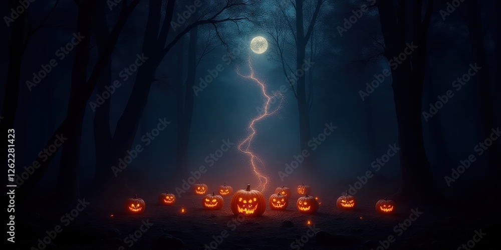 Obraz premium Enchanted Forest Night Scene with Glowing Jack-o'-lanterns Under a Full Moon and a Bolt of Lightning