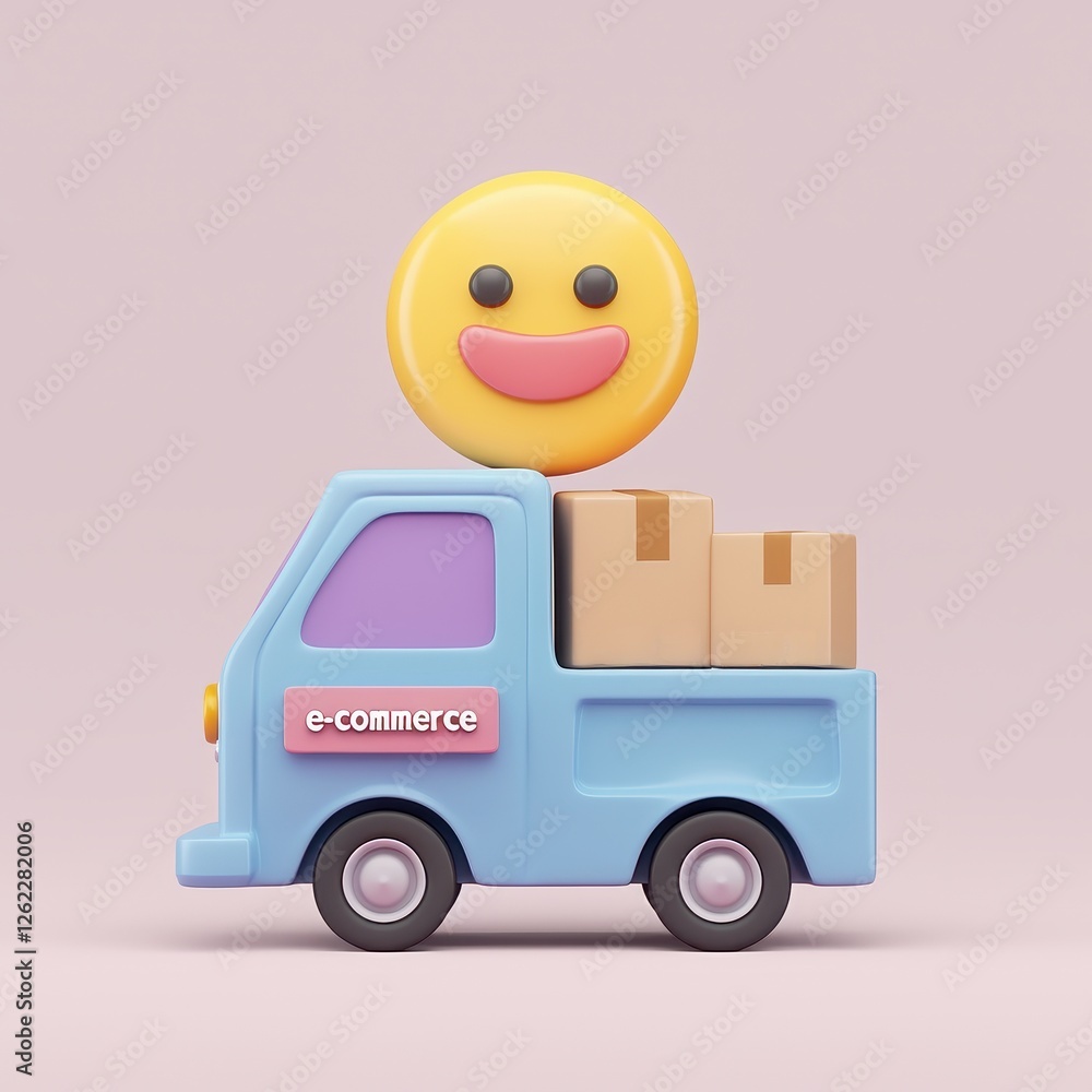 E-commerce growth with retail and trend idea. Colorful 3D truck with emoji and boxes, symbolizing e-commerce. E-commerce growth with retail and trend idea. Colorful 3D truck with emoji and boxes, symbolizing e-commerce.