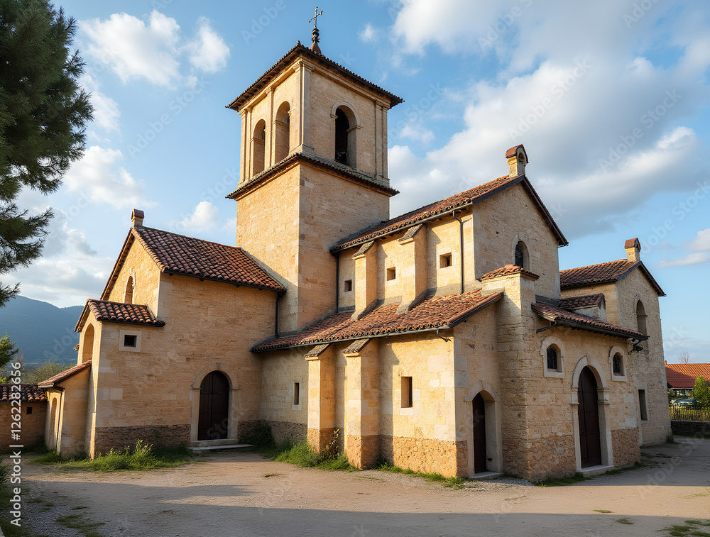 Fototapeta premium An Orthodox church standing amidst lush greenery, with a dramatic dark sky in the background.