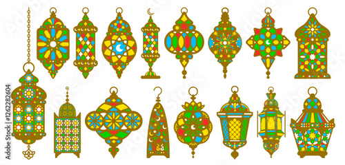 Set of arabian lanterns, lamps with patterns. Fanous, Ramadan lantern, flat, silhouette vintage design. Eastern, turkish, moroccan traditional lamp, from metal and colorful glass. Vector illustration