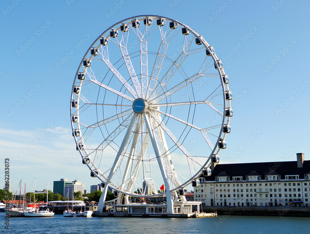 MONTREAL, CANADA - AUGUST 13, 2017: The Montreal Observation Wheel, also known as the Great Wheel of Montreal (Grande Roue de Montreal), located in the Old Port. MONTREAL, CANADA - AUGUST 13, 2017: The Montreal Observation Wheel, also known as the Great Wheel of Montreal (Grande Roue de Montreal), located in the Old Port.