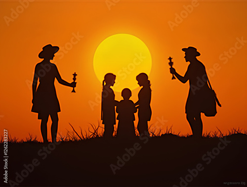 Silhouettes of three crosses and a crown of thorns against a sunset backdrop with an orange sky. photo