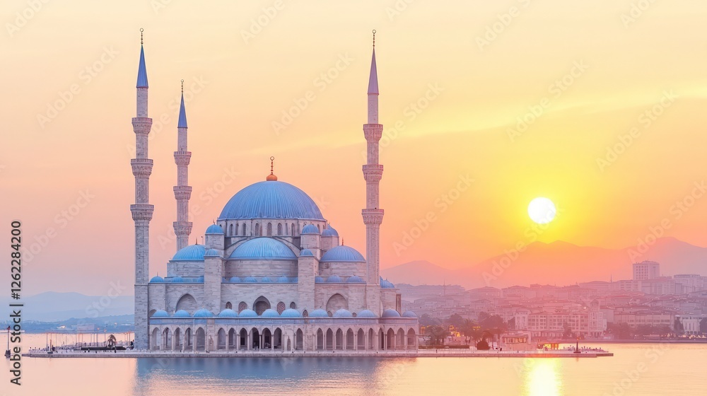 Naklejka premium Majestic Sunset Mosque Serene Islamic Architecture Travel Photography