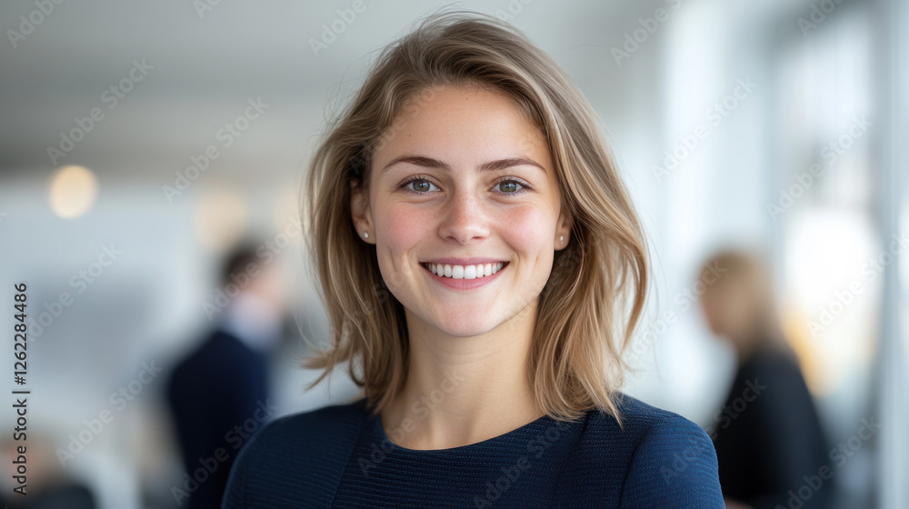 German businesswoman wearing blue smart-casual smiling at office activity German businesswoman wearing blue smart-casual smiling at office activity