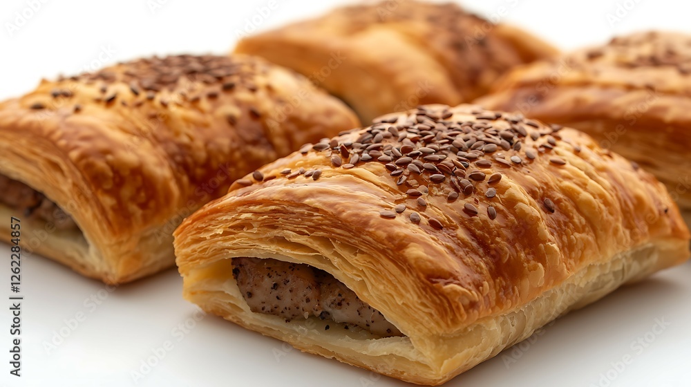 Puff pastry with meat and sesame seeds on a white background Puff pastry with meat and sesame seeds on a white background