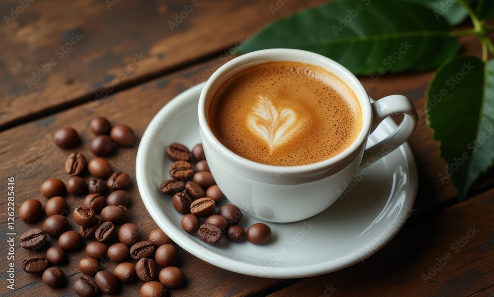 Cup of coffee with latte art and beans Cup of coffee with latte art and beans
