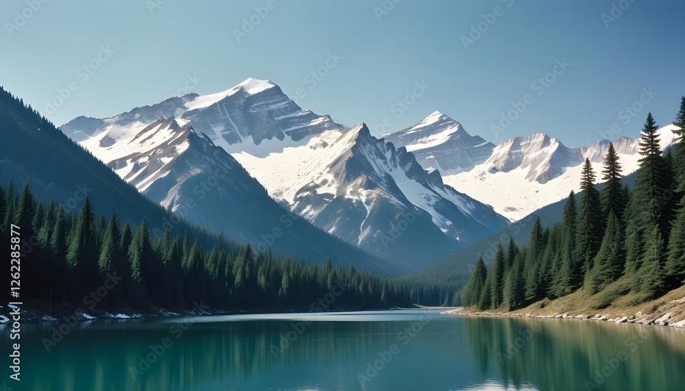 Breathtaking Alpine Scene with a Mountain Lake and Snowy Peaks Breathtaking Alpine Scene with a Mountain Lake and Snowy Peaks