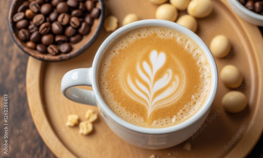 Creamy latte with art and coffee beans Creamy latte with art and coffee beans