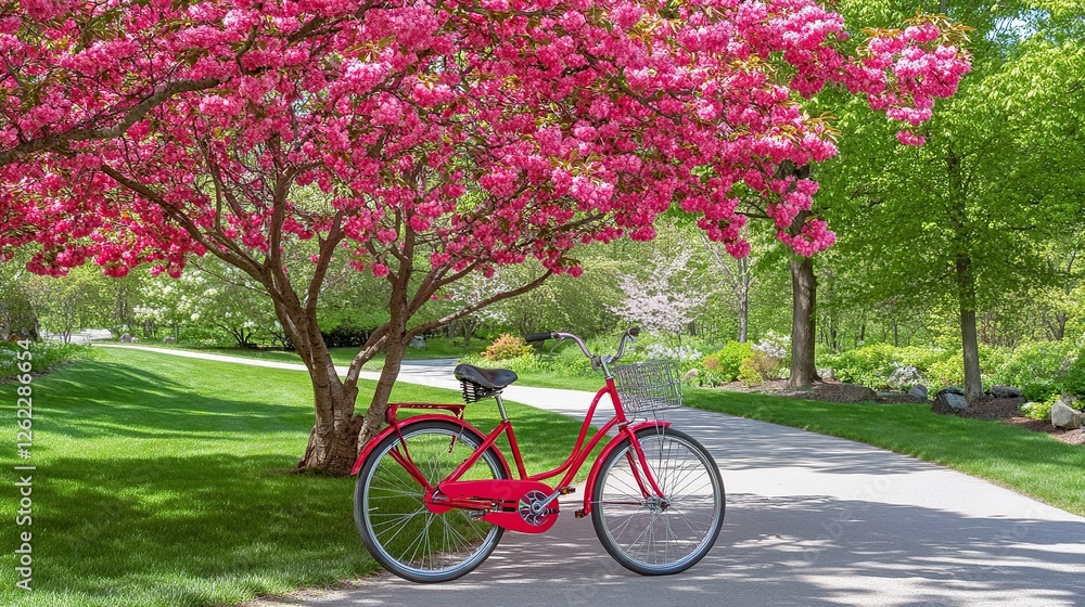 Fototapeta premium Red bike park path spring blossoms garden