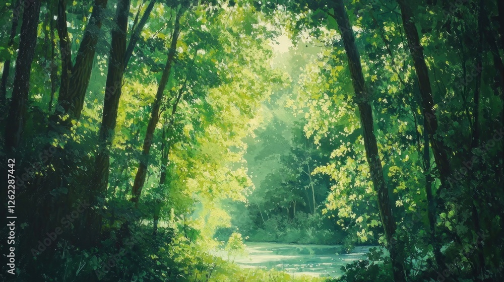Fototapeta premium Serene Forest River Scene: Tranquil Nature Escape