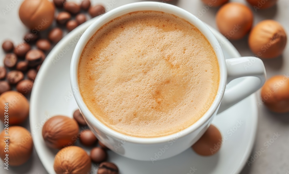 Delicious coffee surrounded by hazelnuts Delicious coffee surrounded by hazelnuts